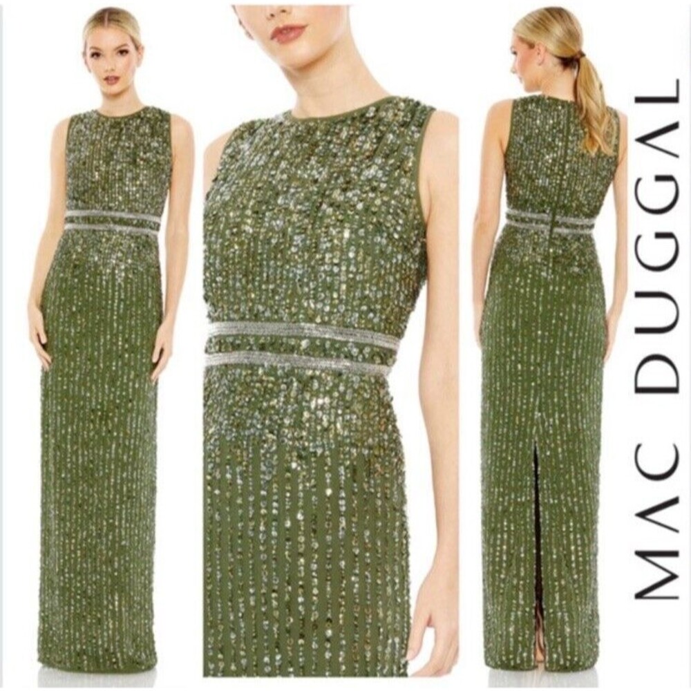 Mac Duggal Olive Green Sequined High Neck Sleeveless Column Gown Size 14